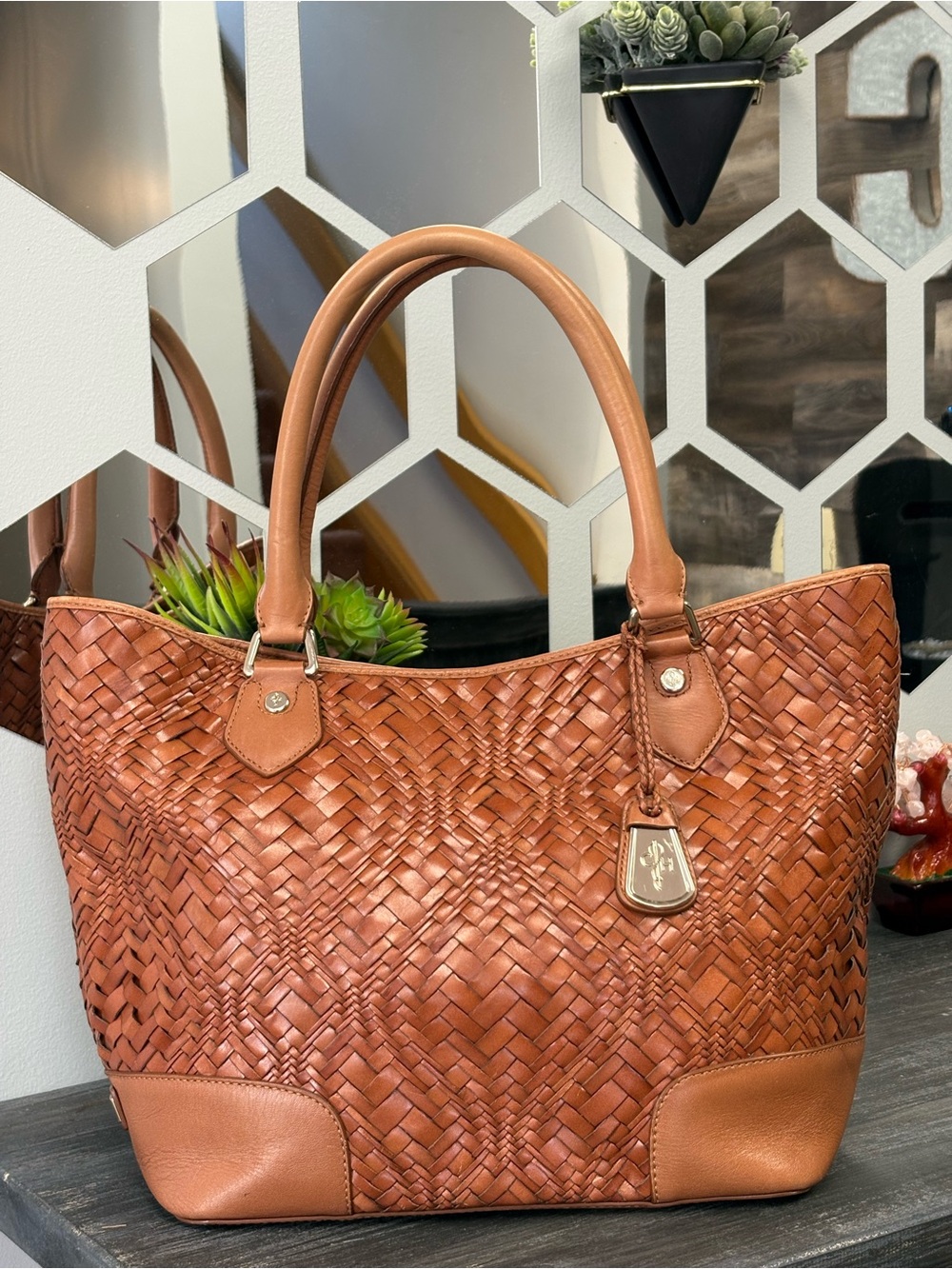 Cole Haan Woven Leather Tote in Cognac Brown